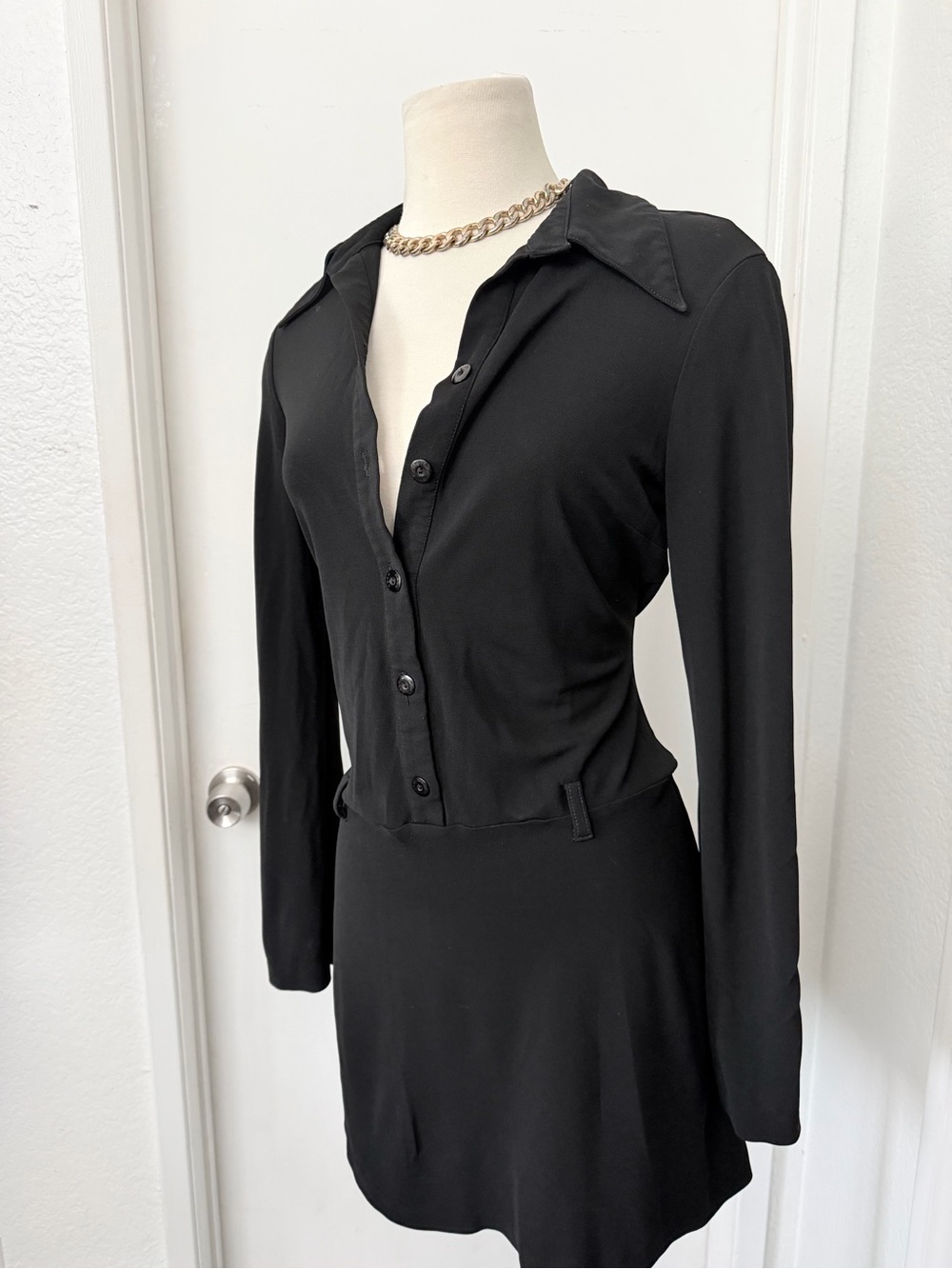 bebe Black Long-Sleeve Button Shirt Dress